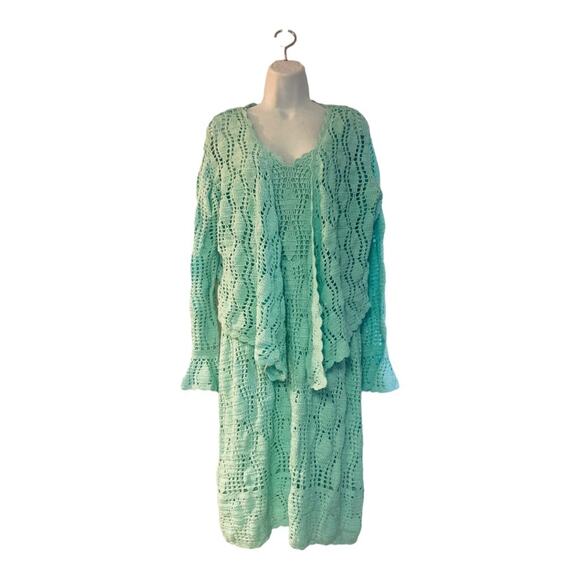 ASHRO Crochet Suit Aqua-Mint Jacket Dress Church Party Resort Cruise Office - Picture 3 of 15
